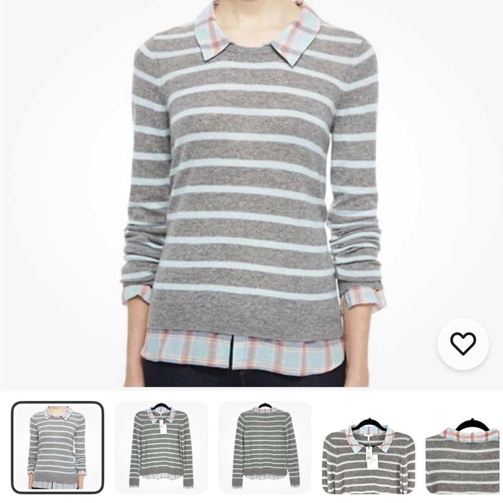$338 JOIE RIKA Women's Striped CASHMERE SWEATER With SHIRT COLLAR Gray Medium